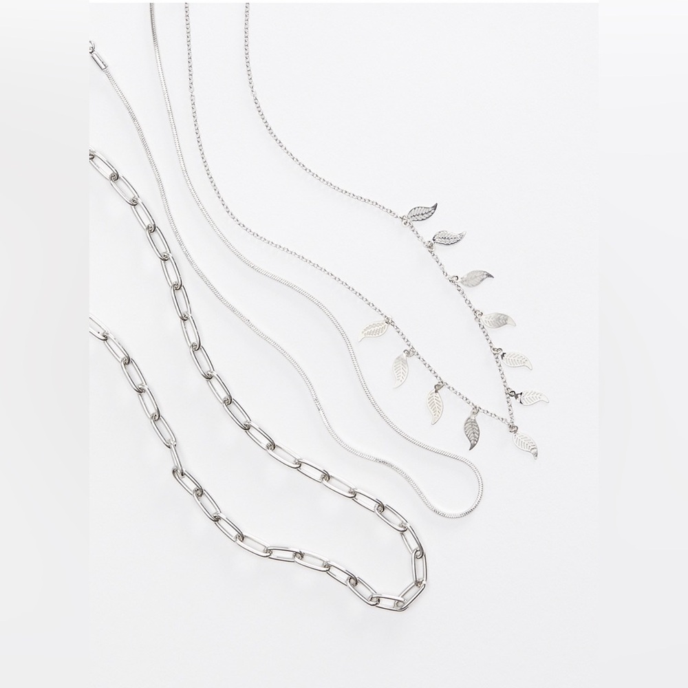 3 Piece Silver Leaf Layered Necklace Set
